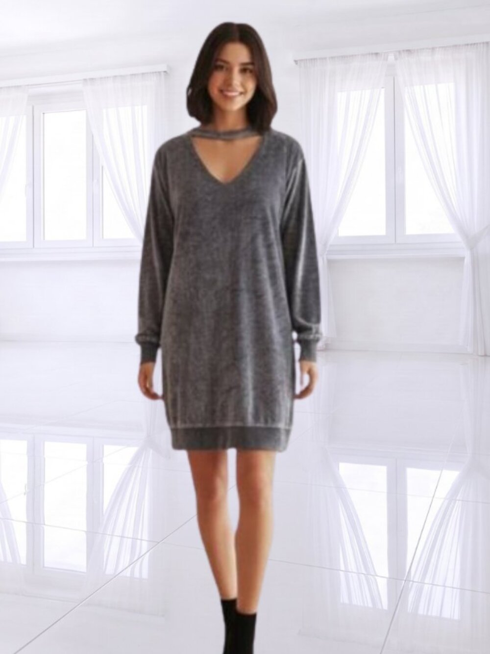 NWT Peach Love California Velvet Cutout V-Neck Mini Dress S | Sweatshirt Dress